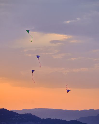A vertical shot of kites flying in a colorful sunset sky