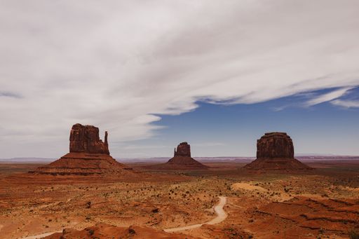A scenic view of Monument Valley's iconic buttes under a partly cloudy sky, showcasing the vast desert