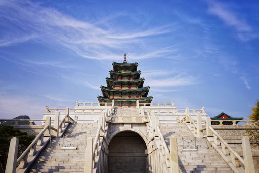A scenic view of the famous National Folk Museum in Seoul, South Korea under a clear sky