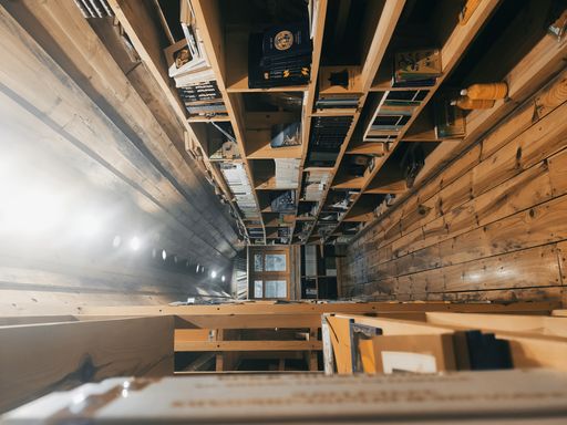 A beautiful view of the wooden shelves with objects in the library in Dilijan, Armenia