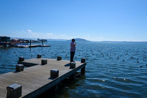 An older male standing on a wooden dock in Tauranga, New Zealand