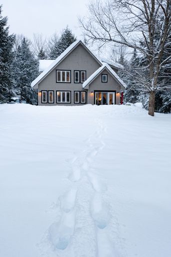 A cozy cabin in a snowy landscape with footprints leading to the entrance, surrounded by trees under a cloudy sky.