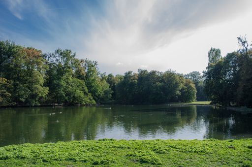 Reflections of the  Nymphenburg Palace Garden trees over the Badenburg Lake in Munich, Germany.