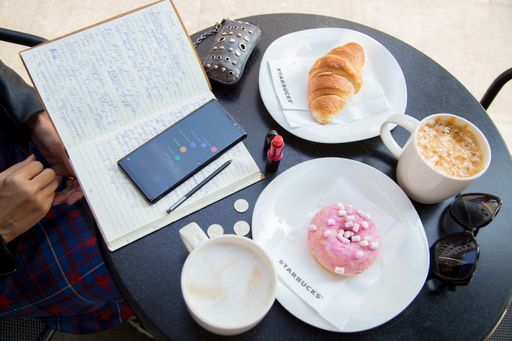 Yummy breakfast at Starbucks with a croissant, donut, and cappuccino; morning rituals and planning of the day