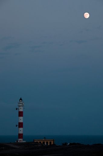A vertical shot of a lighthouse on the sky background with the moon