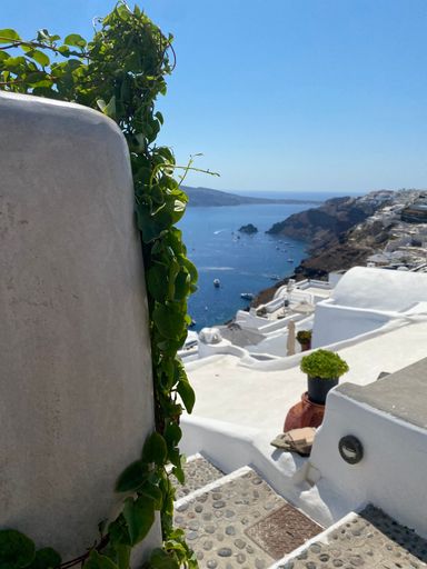 Scenic view of Santorini's iconic white architecture with lush greenery and a deep blue sea in the background under a clear sky.