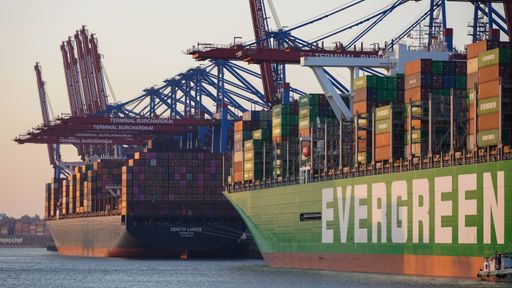 The container ship "Zenith Lumos" and a ship from "Evergreen" with gantry cranes in the background are moored at Burchardkai in the Port of Hamburg