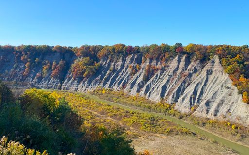 A stunning view of a canyon with autumn foliage and a winding river under a clear blue sky.