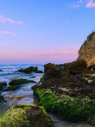 A vertical shot of the beautiful side of the sea with cliffs and greenery and beautiful sky