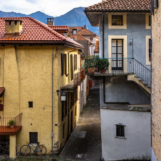 A shot of the cityscape of Locarno with typical colorful houses, the shores of Lake Maggiore, Canton Ticino, Switzerland