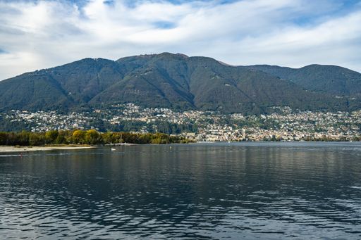 A shot of Locarno from the ferry sailing on Maggiore Lake, Canton Ticino, Switzerland