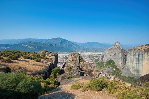 Meteora, Greece. Terrible rock formations of sandstone, on their tops are built Christian monasteries of the Byzantine period.