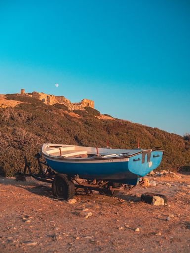 A vertical shot of a blue boat on a barrow in the seashore