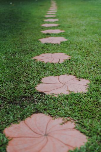 A vertical shot of a floral garden path