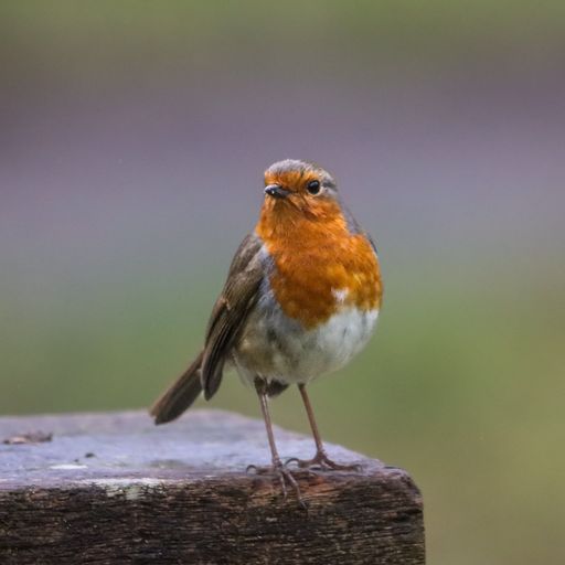 A European robin perched on a wooden surface with a blurred green background, showcasing its vibrant orange breast and curious pose.