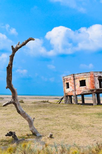 A vertical shot of building ruins in a field on the seaside
