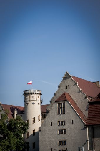The top of the Adam Mickiewicz university building in Poznan, Poland
