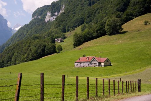 A single house on a wide grassy field be on a hills slide with dense bushes