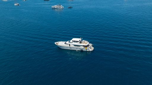 A luxury yacht sailing on clear blue waters under a sunny sky, surrounded by smaller boats, capturing a serene maritime scene.