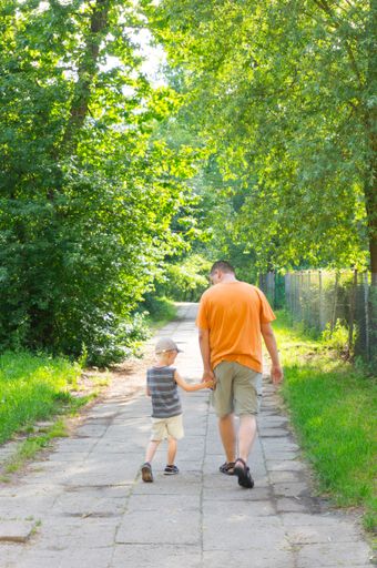 A back view of a father and his little son walking on the pathway in the park