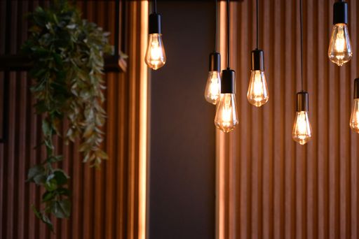 Warm hanging light bulbs with a wooden wall and green foliage in a cozy interior setting.