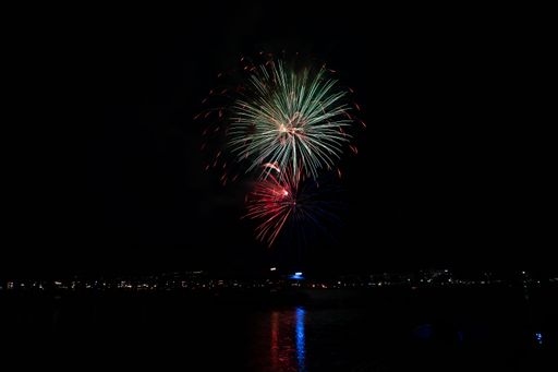 Vibrant fireworks display over a city skyline reflecting on water, capturing a festive night scene.