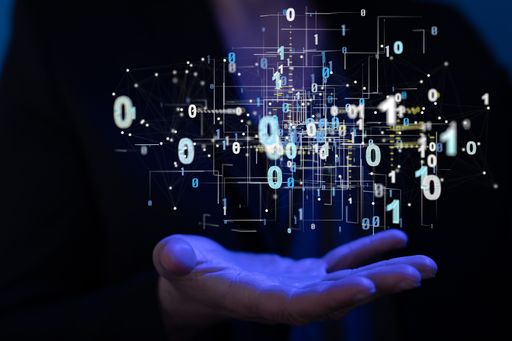 A 3D rendering of binary code and digital information on a man's palm - Telecommunication network and wireless mobile internet