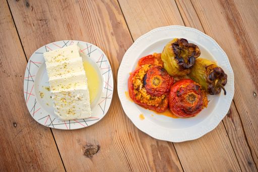 Gemista or Yemista , a traditional Greek food. Vegetables (tomatoes, ball peppers) filled with rice (sometimes also ground meat).