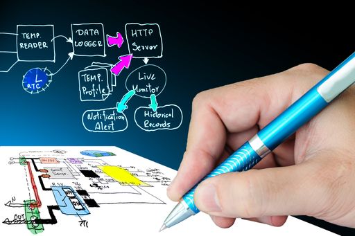 Hand sketching a digital data flow chart on a futuristic interface with a pen, symbolizing technology and innovation.