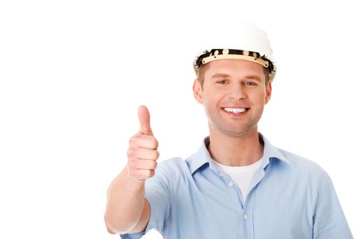 A portrait of a cheerful Polish man wearing flannel and hard cap showing okay sign