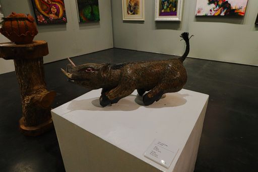 A closeup of a beautiful art piece displayed at the Art Bridge Gallery in Chiang Rai, Thailand