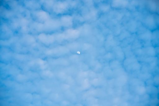 The moon on the beautiful background of the blue sky with  clouds during the day. Horizontal shot. Good backgorund