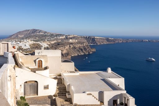 The Santorini caldera cliffs from the Imerovigli village on Santorini island, Greece
