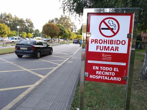 The Smoking Forbidden sign in front of the Sierrallana hospital in Torrelavega, Cantabria, Spain