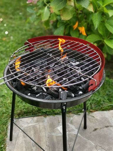 A vertical shot of a grilling stand in a garden