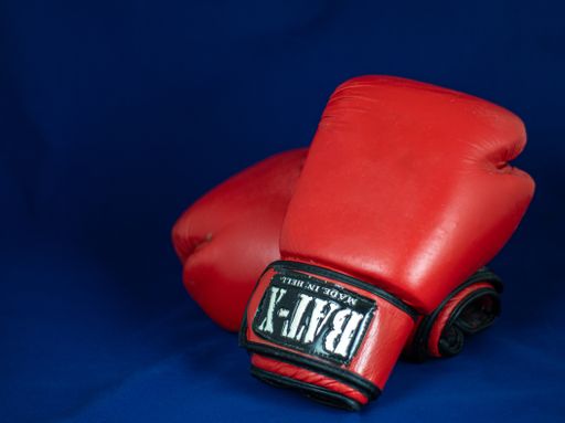 The red bat-X boxing gloves isolated on a blue surface