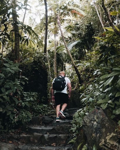 Man hiking through lush tropical forest with backpack, exploring nature and adventure in a green jungle setting.