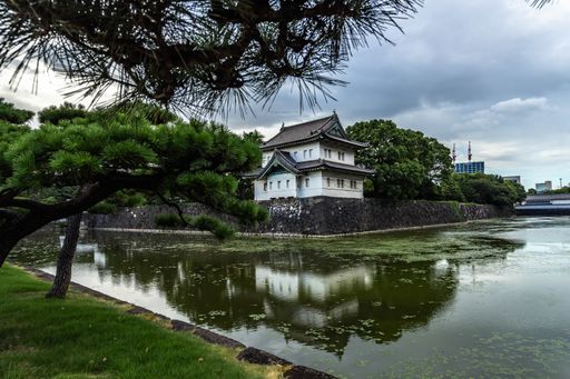 The Tokyo Imperial Palace surrounded by greenery and a lake under a cloudy sky in Japan