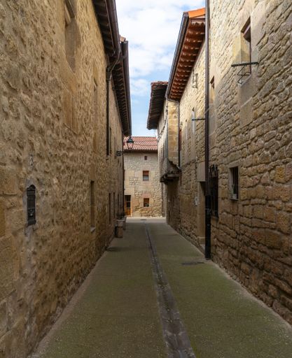 Narrow stone streets with houses on both sides in the medieval town of Santa Gadea del Cid. Burgos. Spain.