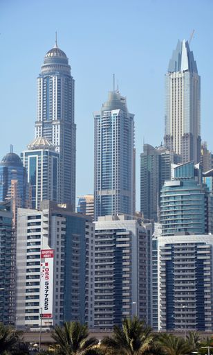 A vertical shot of modern skyscrapers in Dubai, UAE