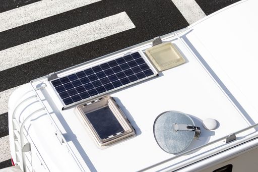 A high angle view of a Solar panel installed on a motorhome roof provide sustainable energy for travel and adventure