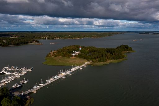 Aerial drone view of the Moomin world island, summer morning, in Naantali, Finland