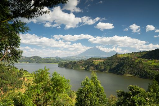 A high angle shot of the Lake Mulehe on a beautiful day with cloudy sky in Uganda