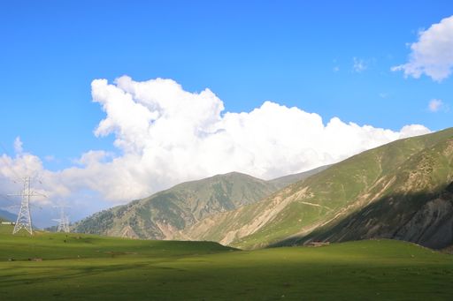 The blue sky and puffy clouds over the green flat fields in spring
