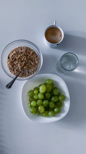 A vertical top view of a rich healthy breakfast
