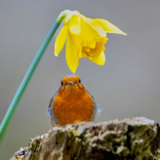 A vibrant robin perched on a log beneath a blooming yellow daffodil, set against a soft blurred background