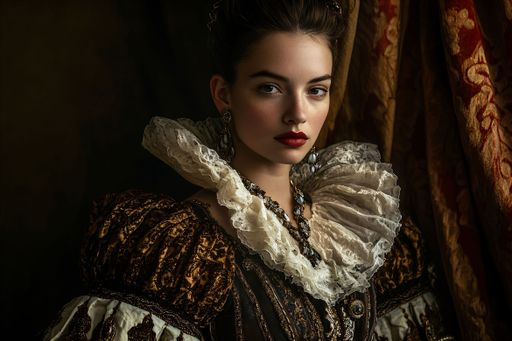 Portrait of a young woman in Renaissance attire with intricate lace and rich fabrics, set against a dark, elegant backdrop.