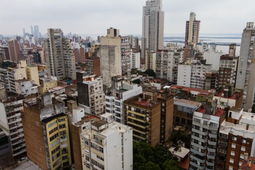 View of Rosario at a cloudy day. Rosario view from the top. Rosario City with buildings. Rosario, Santa Fe, Argentina.