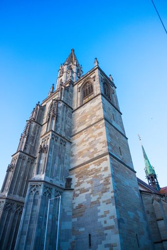 A low angle shot of the Cathedral of Constance city against a clear blue sky
