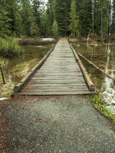 A vertical high angle shot of a wooden bridge in the lake in the Grand Teton National Park, USA